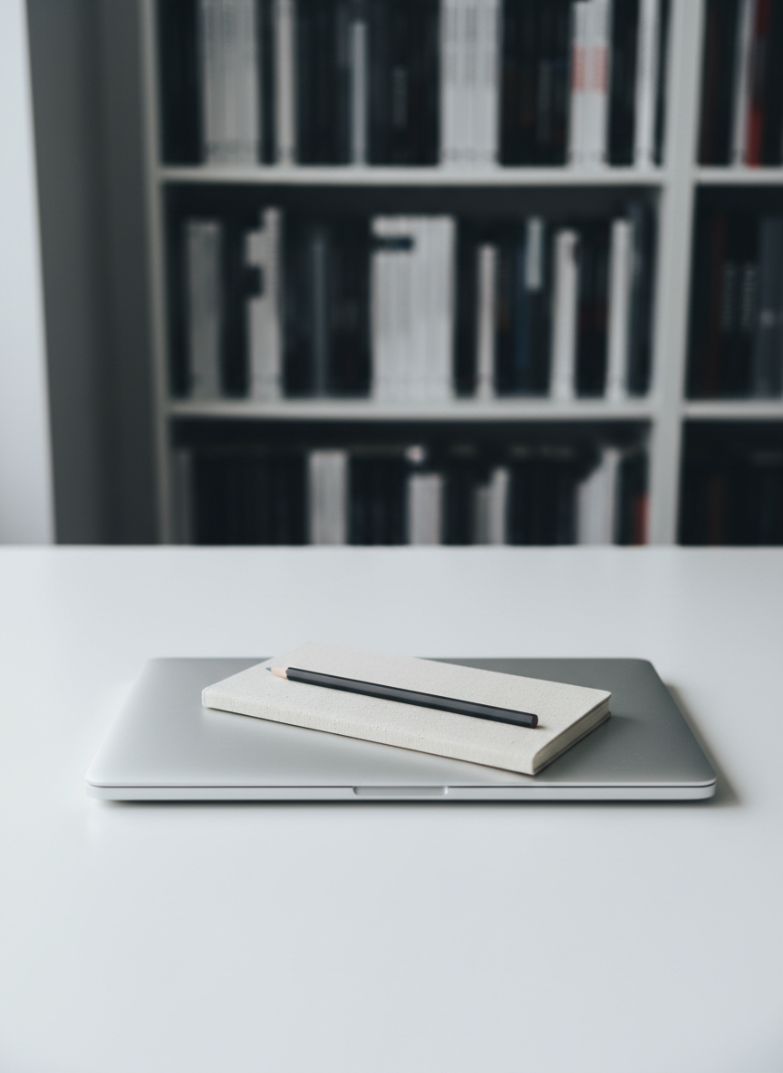 A sleek, silver laptop with a finely textured aluminum surface sits closed on a clean, white desk, topped by a slim linen notebook and a graphite-grey pencil aligned with precision. Behind it, a tall, narrow bookshelf filled with neatly arranged monochrome book spines fades softly into blur. Cool, indirect daylight from an unseen window bathes the scene, creating gentle reflections along the laptop edges and a tranquil, focused mood. Photographic realism, shot from a slightly elevated angle with balanced composition and subtle bokeh, conveying a sophisticated digital workspace where thoughtful blog entries and personal essays quietly take shape.
